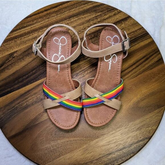 Jessica Simpson Kids Rainbow Strap Buckle Wedges Sandals Brown Size 4 - Picture 5 of 10